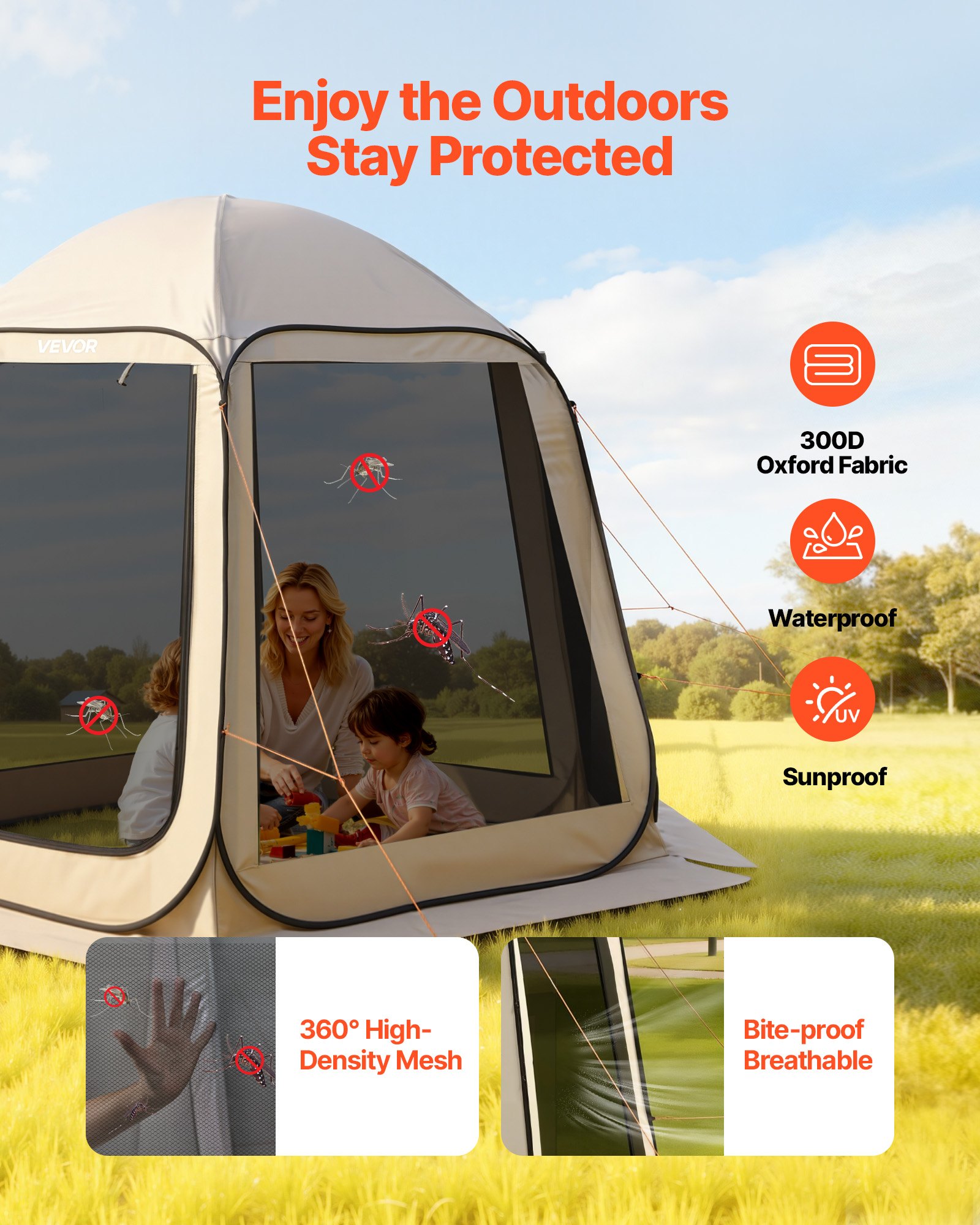 VEVOR Carpa Plegable, 3030 x 2650 x 2300 mm, 4-8 Personas, con Mosquitera, Bolsa de Transporte, Laterales de Malla y Estacas para el Suelo, para Jardín, Patio y Actividades al Aire Libre, Beige