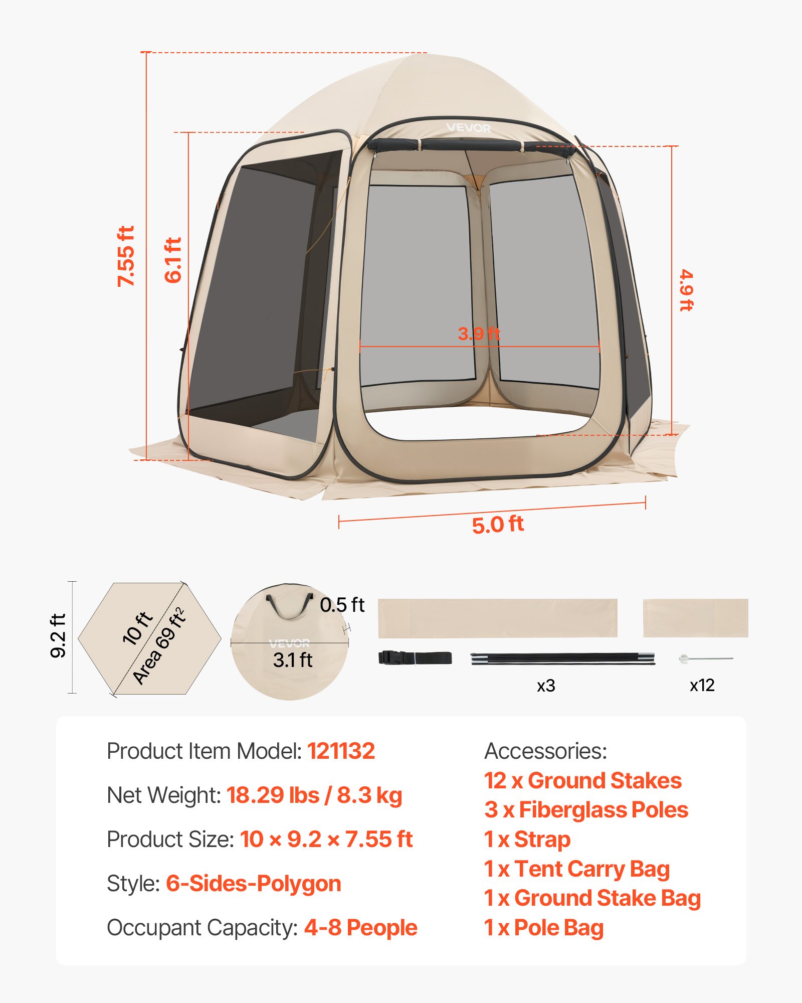 VEVOR Carpa Plegable, 3030 x 2650 x 2300 mm, 4-8 Personas, con Mosquitera, Bolsa de Transporte, Laterales de Malla y Estacas para el Suelo, para Jardín, Patio y Actividades al Aire Libre, Beige