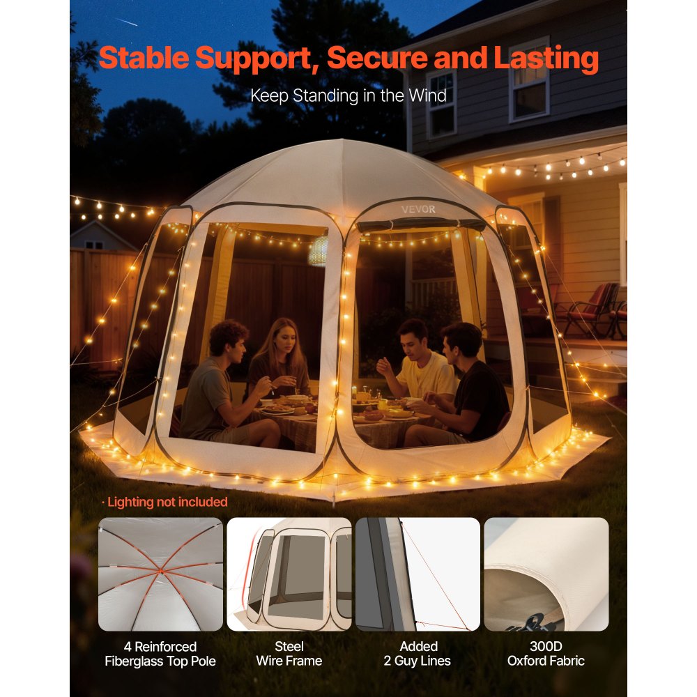VEVOR Screen House Tent, 3660 x 3380 x 2300 mm, 10-12 Person Pop Up Screen Tent, Portable Screened in Canopy with Carry Bag, Netting Sides, Ground Stakes, for Garden, Patio, Outdoor Activities, Beige
