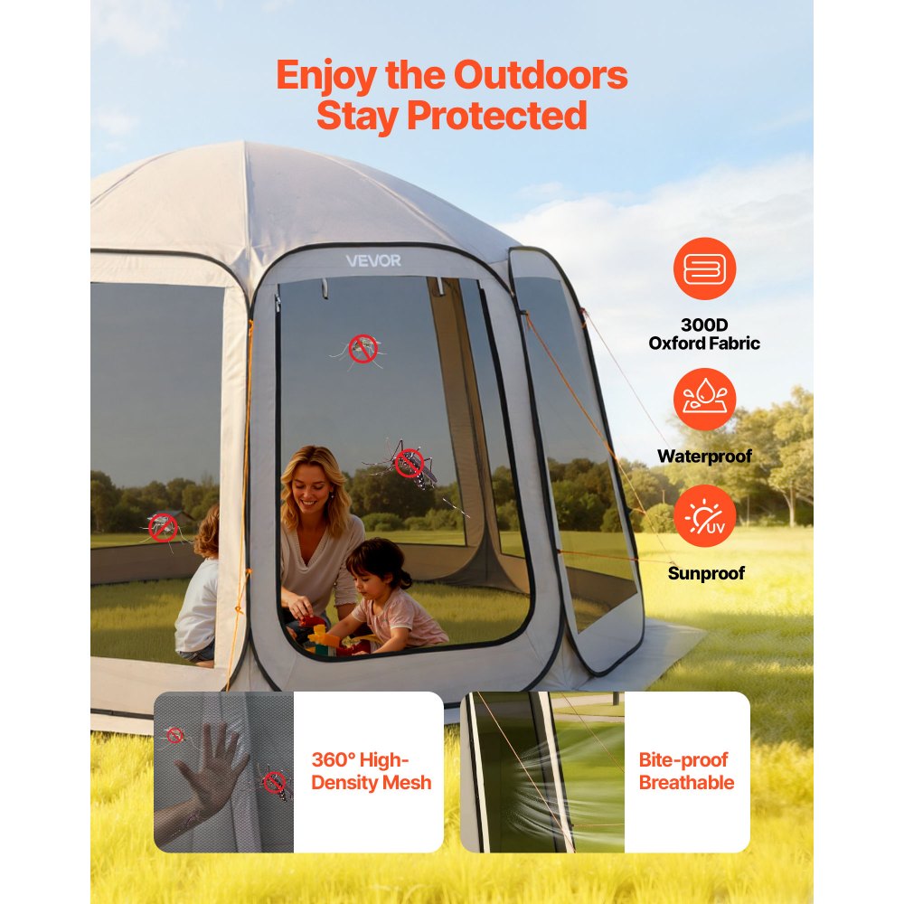 VEVOR Carpa Plegable, 3660 x 3380 x 2300 mm, 10-12 Personas, con Mosquitera, Bolsa de Transporte, Laterales de Malla y Estacas para el Suelo, para Jardín, Patio y Actividades al Aire Libre, Beige
