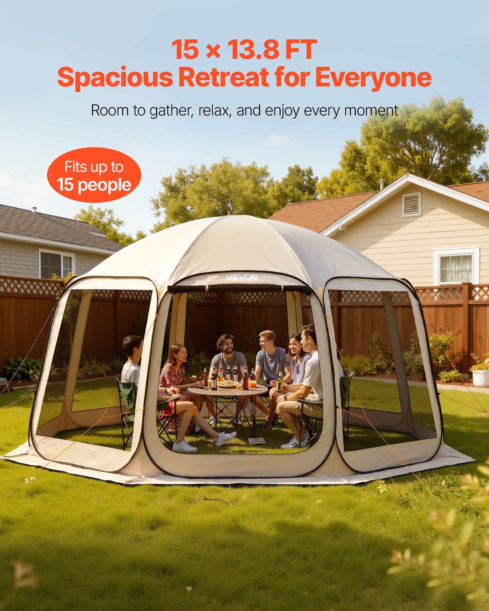 VEVOR Carpa Plegable, Polígono de 8 Lados, 4500 x 4250 x 2450 mm, para 12-15 Personas, con Bolsa de Transporte, Laterales de Malla y Estacas para el Suelo, para Actividades al Aire Libre, Beige