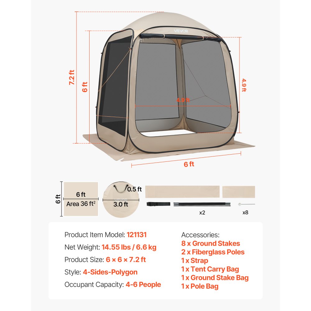 VEVOR Carpa Plegable con Mosquitera, 1825 x 1825 x 2200 mm, para 4-6 Personas, Polígono de 4 Lados, con Bolsa de Transporte, Laterales de Malla y Estacas para el Suelo. al Aire Libre, Color Beige
