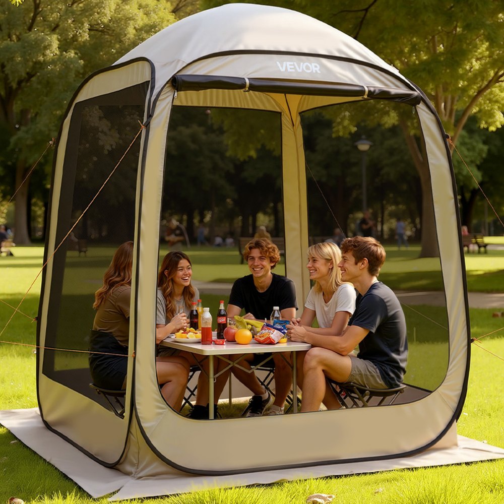 VEVOR Carpa Plegable con Mosquitera, 1825 x 1825 x 2200 mm, para 4-6 Personas, Polígono de 4 Lados, con Bolsa de Transporte, Laterales de Malla y Estacas para el Suelo. al Aire Libre, Color Beige