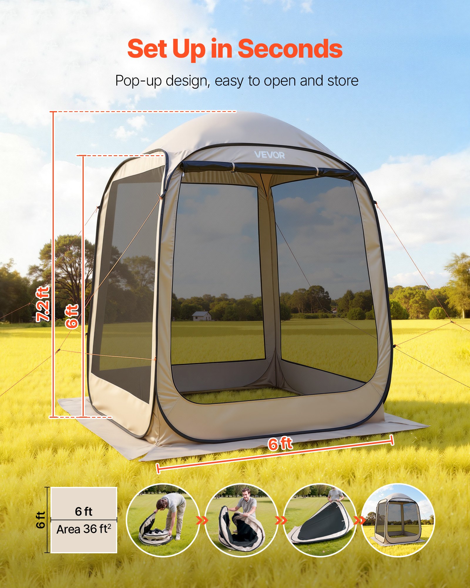 VEVOR Screen House Tent, 1825 x 1825 x 2200 mm, 4-6 Person Pop Up Screen Tent, Portable Screened in Canopy with Carry Bag, Netting Sides, Ground Stakes, for Garden, Patio, Outdoor Activities, Beige