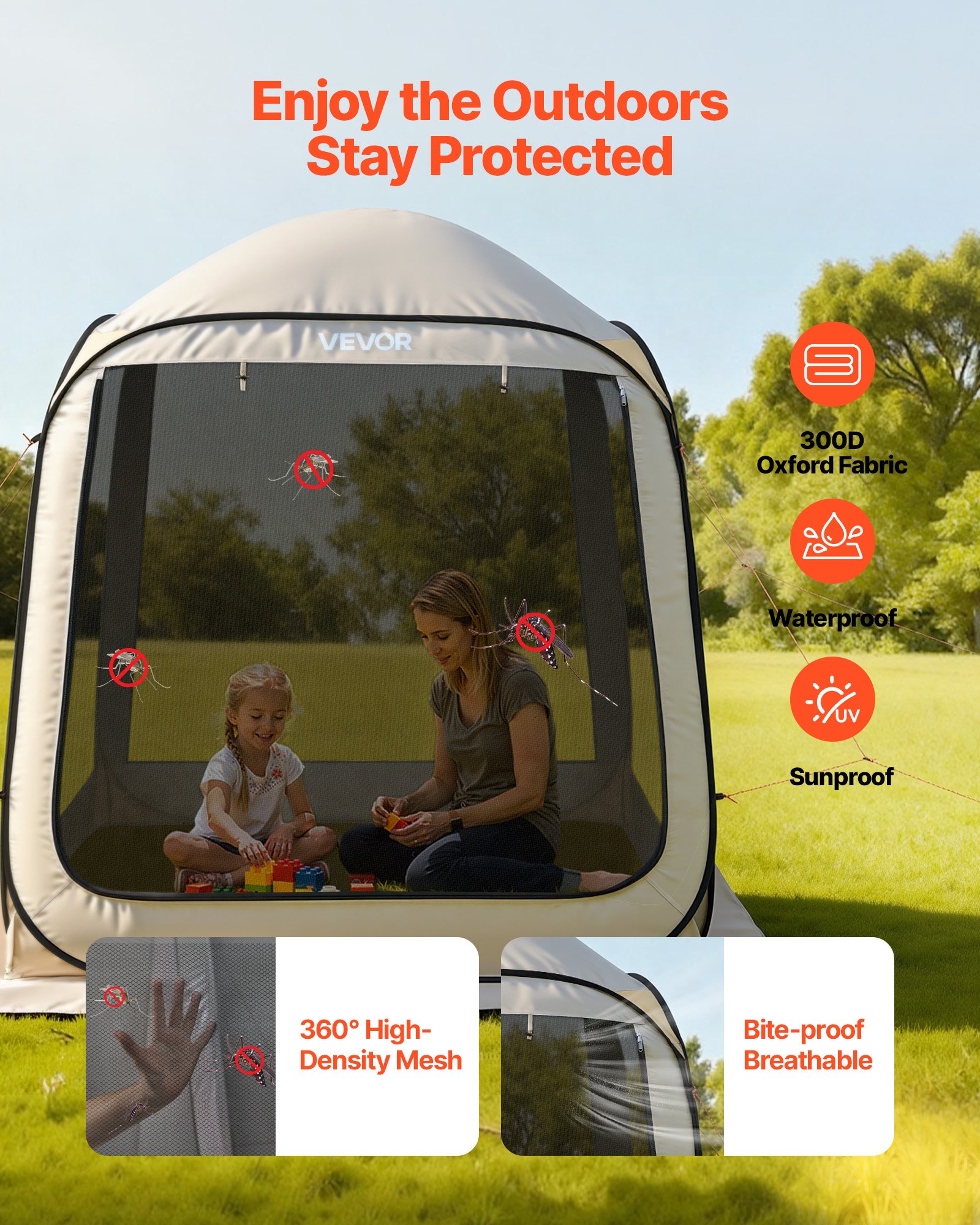 VEVOR Screen House Tent, 1825 x 1825 x 2200 mm, 4-6 Person Pop Up Screen Tent, Portable Screened in Canopy with Carry Bag, Netting Sides, Ground Stakes, for Garden, Patio, Outdoor Activities, Beige