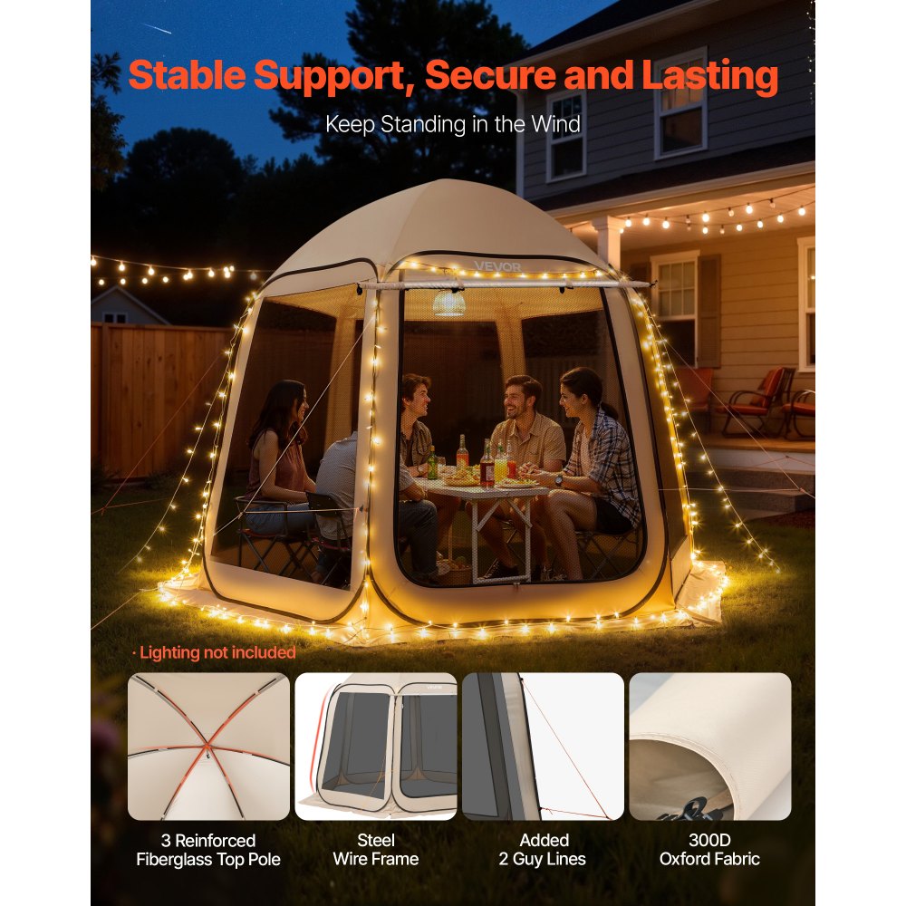 VEVOR Carpa Plegable Portátil con Mosquitera, 3030 x 2650 x 2300 mm, para 4-8 Personas, Polígono de 6 Lados, con Toldo Extensible, Bolsa de Transporte, Laterales de Malla, para Patios, Beige