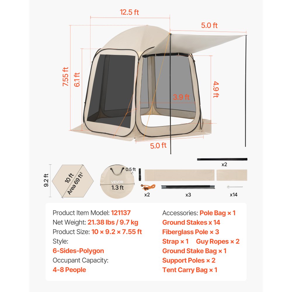 VEVOR Carpa Plegable Portátil con Mosquitera, 3030 x 2650 x 2300 mm, para 4-8 Personas, Polígono de 6 Lados, con Toldo Extensible, Bolsa de Transporte, Laterales de Malla, para Patios, Beige