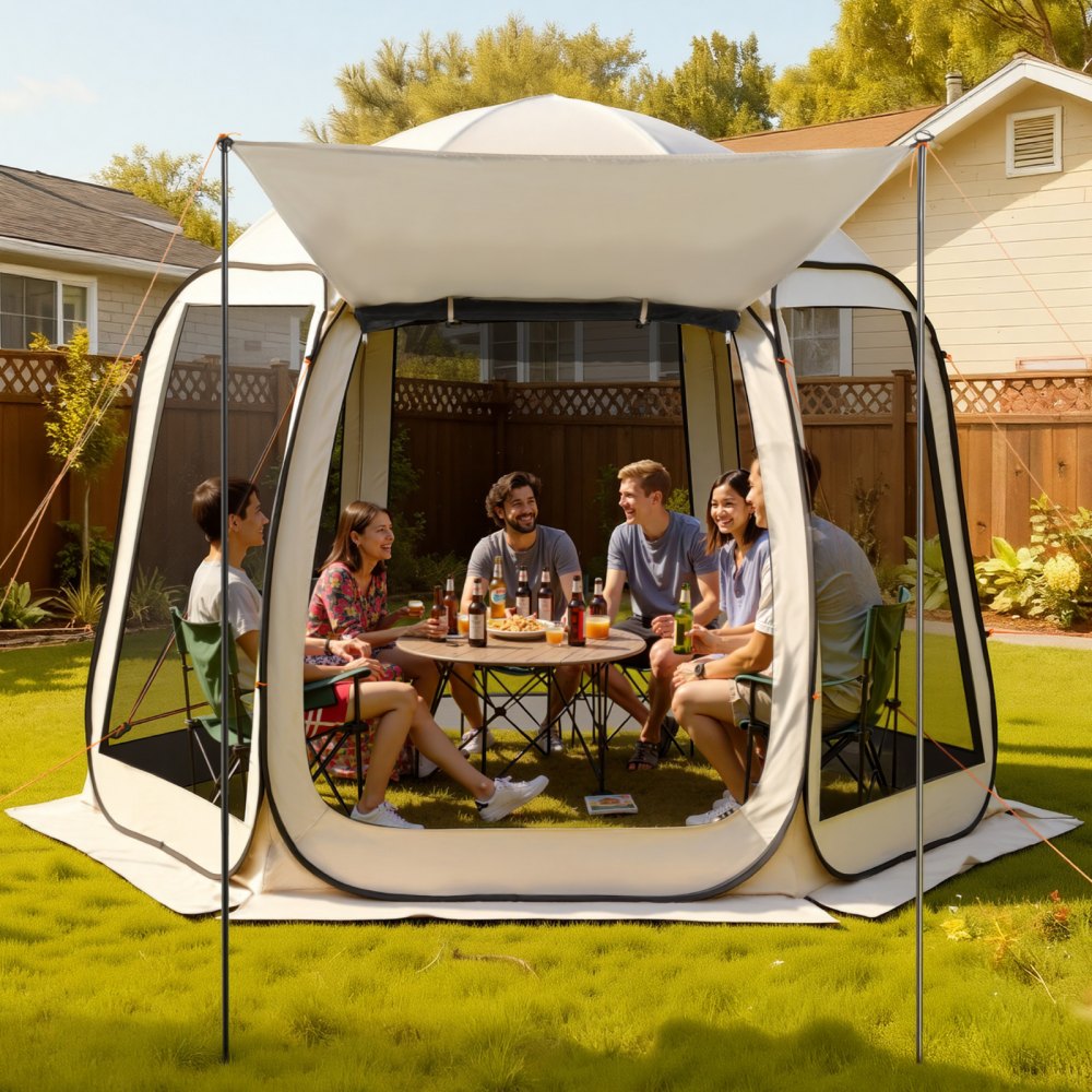VEVOR Carpa Plegable Portátil con Mosquitera, 3030 x 2650 x 2300 mm, para 4-8 Personas, Polígono de 6 Lados, con Toldo Extensible, Bolsa de Transporte, Laterales de Malla, para Patios, Beige