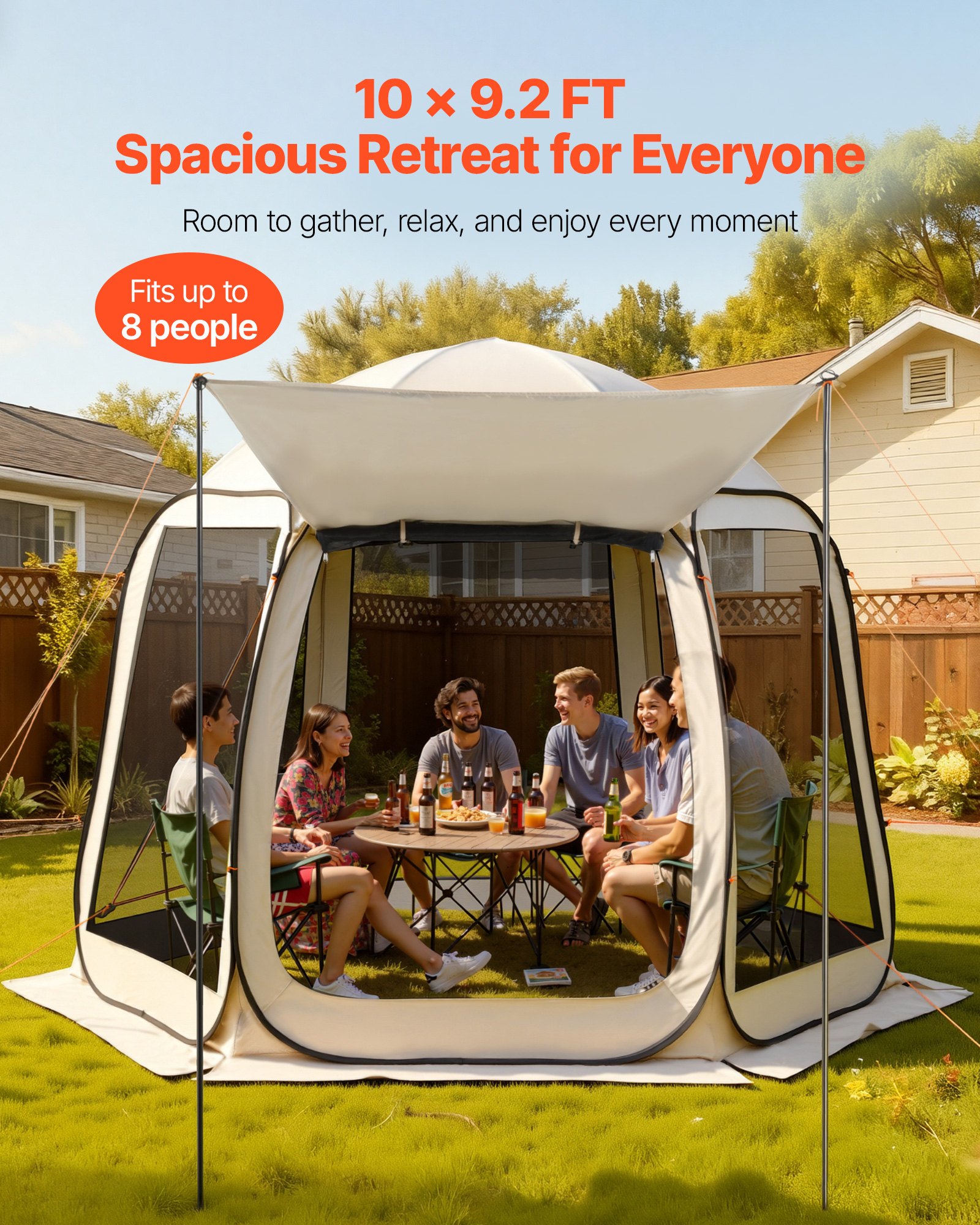 VEVOR Carpa Plegable Portátil con Mosquitera, 3030 x 2650 x 2300 mm, para 4-8 Personas, Polígono de 6 Lados, con Toldo Extensible, Bolsa de Transporte, Laterales de Malla, para Patios, Beige