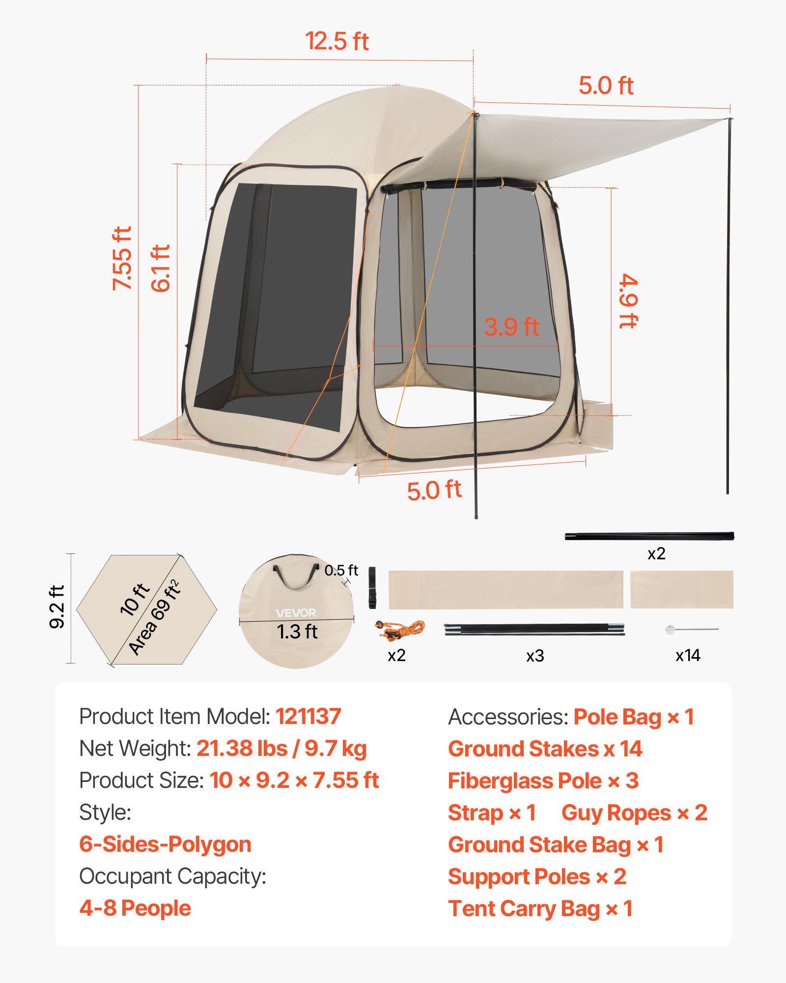 VEVOR Carpa Plegable Portátil con Mosquitera, 3030 x 2650 x 2300 mm, para 4-8 Personas, Polígono de 6 Lados, con Toldo Extensible, Bolsa de Transporte, Laterales de Malla, para Patios, Beige