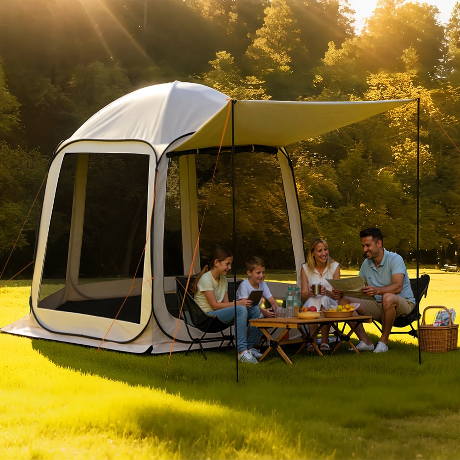 VEVOR Carpa Plegable Portátil con Mosquitera, 3030 x 2650 x 2300 mm, para 4-8 Personas, Polígono de 6 Lados, con Toldo Extensible, Bolsa de Transporte, Laterales de Malla, para Patios, Beige