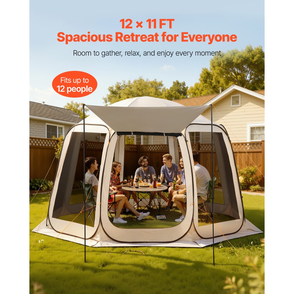 VEVOR Screen House Tent, 3660 x 3380 x 2300 mm, 10-12 Person Pop Up Screen Tent with Extended Awning, Portable Screened in Canopy with Carry Bag, Netting Sides, for Patio, Outdoor Activities, Beige