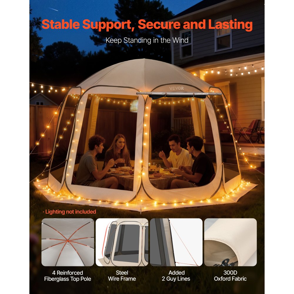 VEVOR Carpa Plegable con Mosquitera, 3660 x 3380 x 2300 mm, 10-12 Personas, Polígono de 8 Lados, con Toldo Extensible, Bolsa de Transporte, Laterales de Malla, para Actividades al Aire Libre, Beige