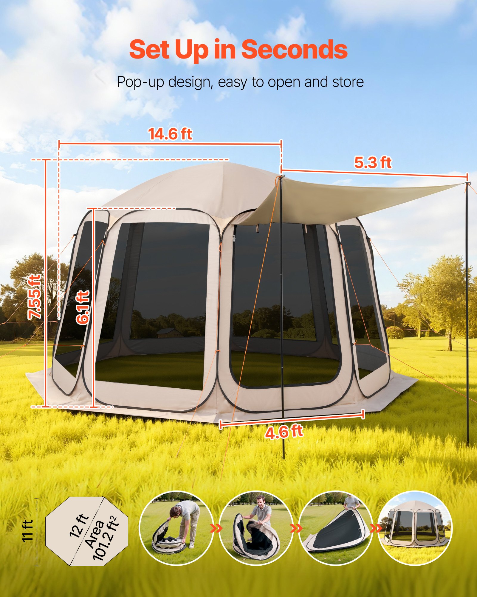 VEVOR Carpa Plegable con Mosquitera, 3660 x 3380 x 2300 mm, 10-12 Personas, Polígono de 8 Lados, con Toldo Extensible, Bolsa de Transporte, Laterales de Malla, para Actividades al Aire Libre, Beige