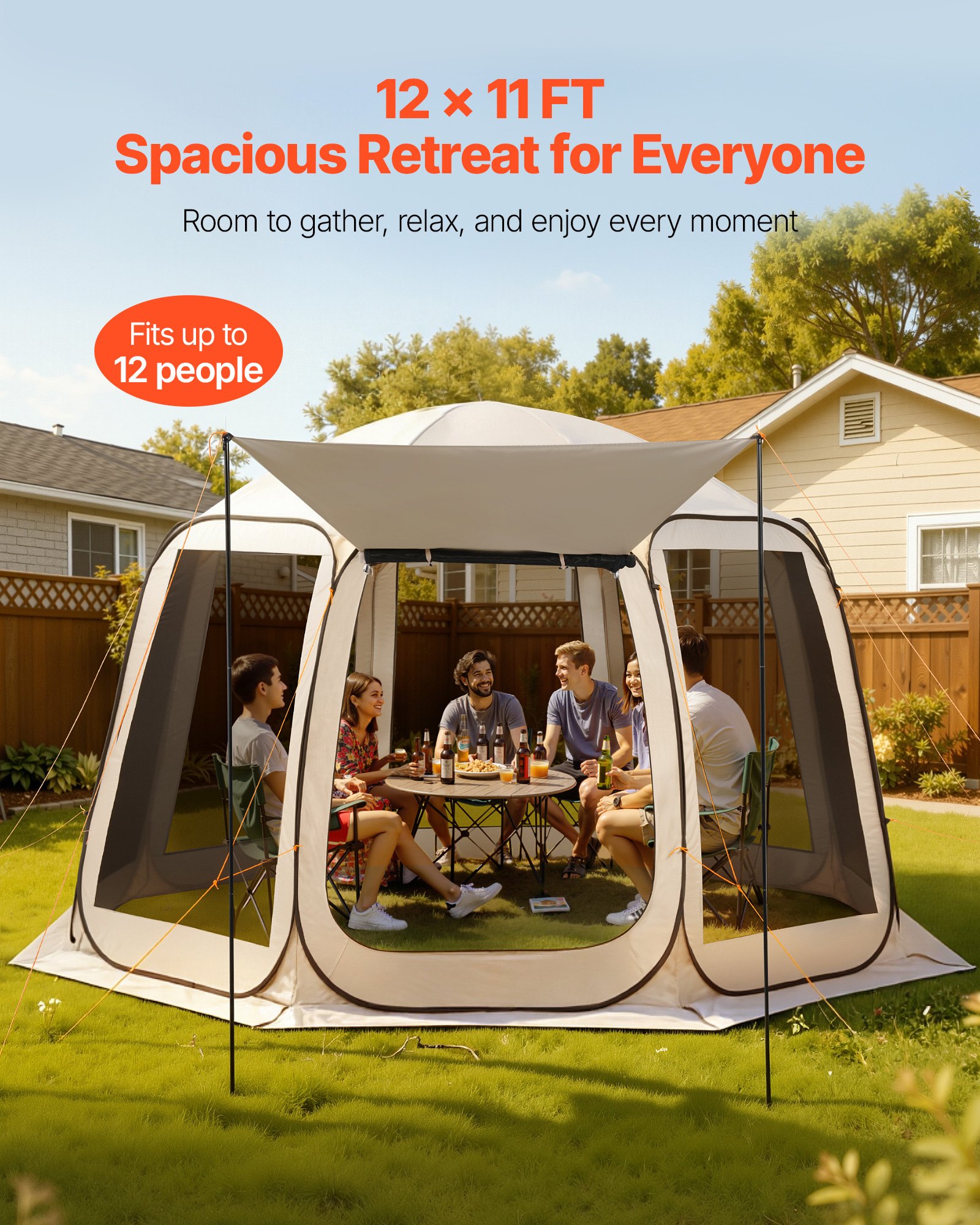 VEVOR Carpa Plegable con Mosquitera, 3660 x 3380 x 2300 mm, 10-12 Personas, Polígono de 8 Lados, con Toldo Extensible, Bolsa de Transporte, Laterales de Malla, para Actividades al Aire Libre, Beige