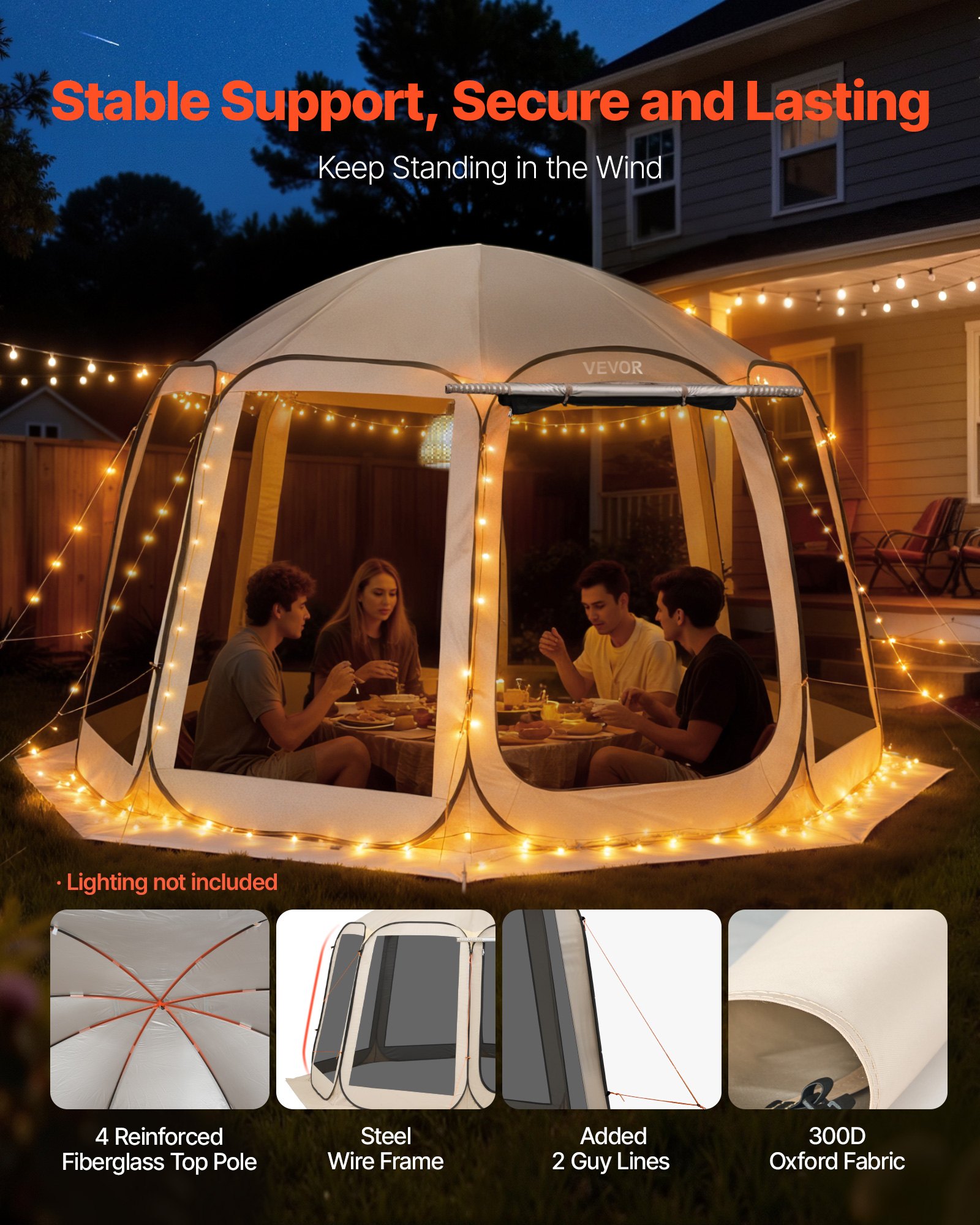 VEVOR Carpa Plegable con Mosquitera, 3660 x 3380 x 2300 mm, 10-12 Personas, Polígono de 8 Lados, con Toldo Extensible, Bolsa de Transporte, Laterales de Malla, para Actividades al Aire Libre, Beige