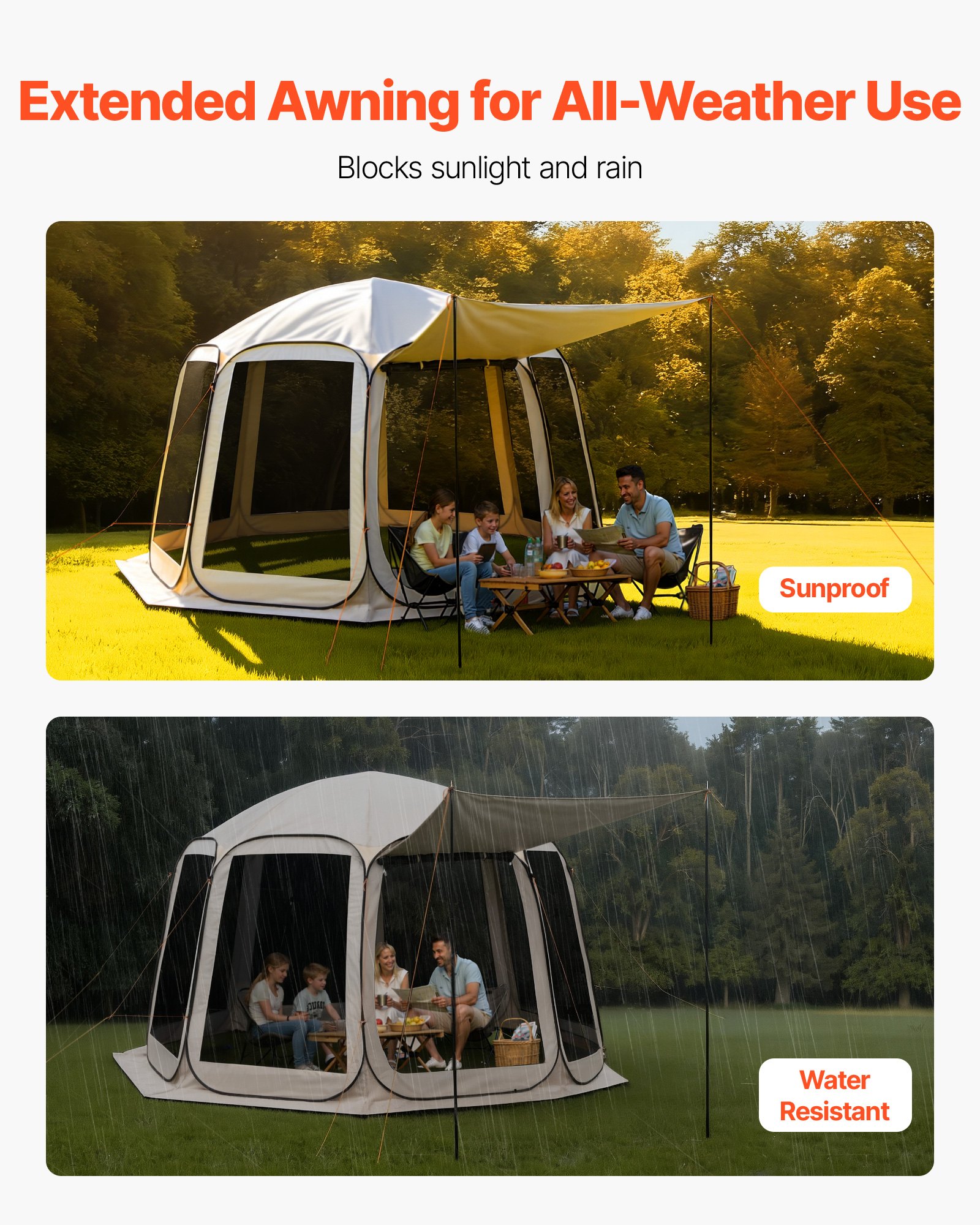 VEVOR Carpa Plegable con Mosquitera, 3660 x 3380 x 2300 mm, 10-12 Personas, Polígono de 8 Lados, con Toldo Extensible, Bolsa de Transporte, Laterales de Malla, para Actividades al Aire Libre, Beige