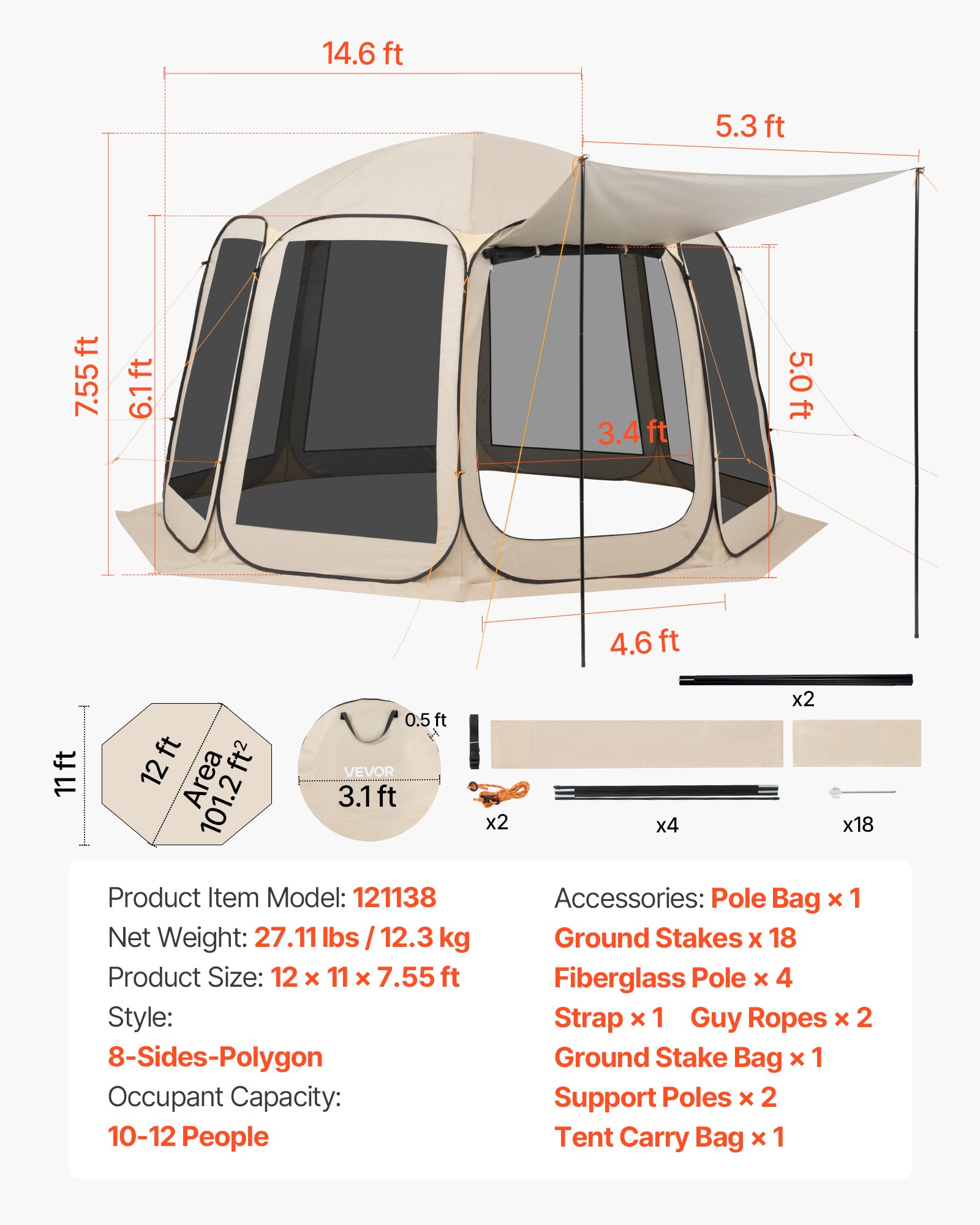 VEVOR Carpa Plegable con Mosquitera, 3660 x 3380 x 2300 mm, 10-12 Personas, Polígono de 8 Lados, con Toldo Extensible, Bolsa de Transporte, Laterales de Malla, para Actividades al Aire Libre, Beige
