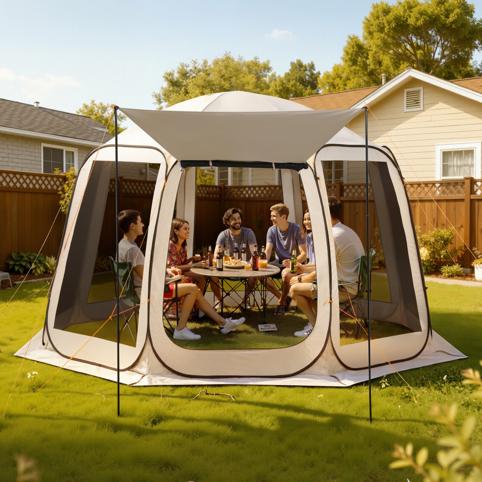 VEVOR Carpa Plegable con Mosquitera, 3660 x 3380 x 2300 mm, 10-12 Personas, Polígono de 8 Lados, con Toldo Extensible, Bolsa de Transporte, Laterales de Malla, para Actividades al Aire Libre, Beige
