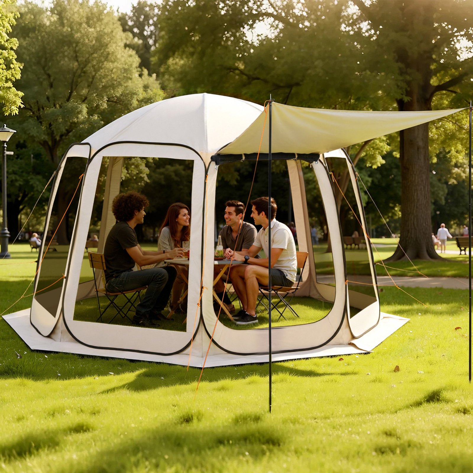 VEVOR Carpa Plegable con Mosquitera, 3660 x 3380 x 2300 mm, 10-12 Personas, Polígono de 8 Lados, con Toldo Extensible, Bolsa de Transporte, Laterales de Malla, para Actividades al Aire Libre, Beige
