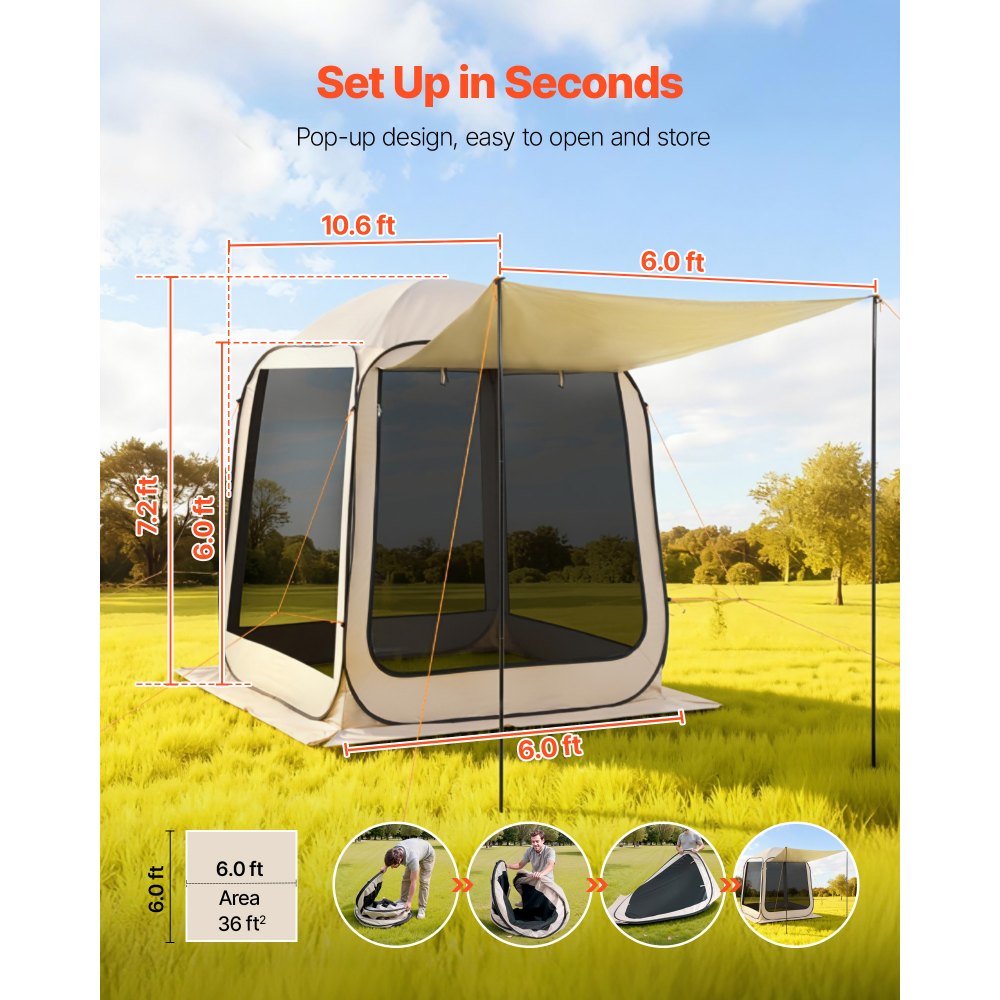 VEVOR Carpa Plegable con Mosquitera, 1825 x 1825 x 2200 mm, 4-6 Personas, Polígono 4 Lados, con Toldo Extensible, Bolsa de Transporte, Laterales de Malla, para Relajarse, Leer o Descansar, Beige