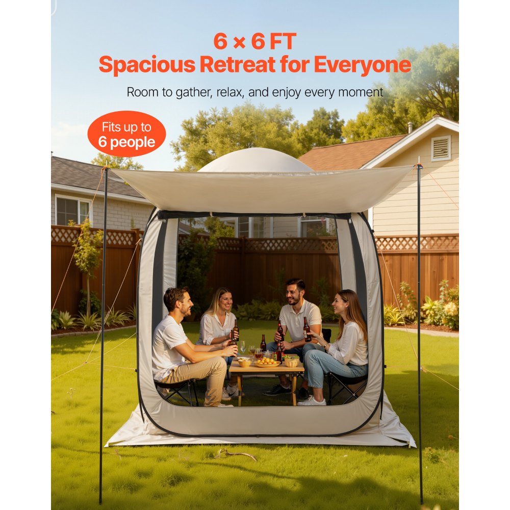 VEVOR Carpa Plegable con Mosquitera, 1825 x 1825 x 2200 mm, 4-6 Personas, Polígono 4 Lados, con Toldo Extensible, Bolsa de Transporte, Laterales de Malla, para Relajarse, Leer o Descansar, Beige