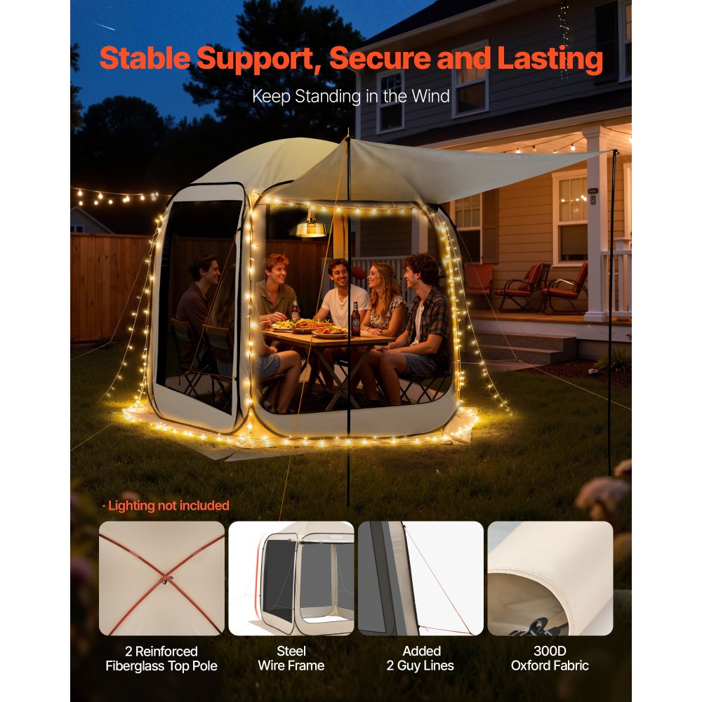VEVOR Carpa Plegable con Mosquitera, 1825 x 1825 x 2200 mm, 4-6 Personas, Polígono 4 Lados, con Toldo Extensible, Bolsa de Transporte, Laterales de Malla, para Relajarse, Leer o Descansar, Beige