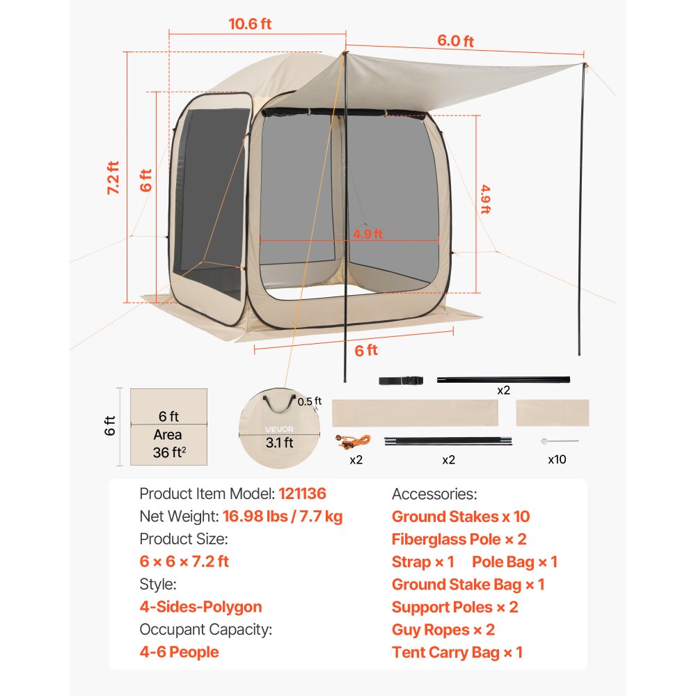 VEVOR Carpa Plegable con Mosquitera, 1825 x 1825 x 2200 mm, 4-6 Personas, Polígono 4 Lados, con Toldo Extensible, Bolsa de Transporte, Laterales de Malla, para Relajarse, Leer o Descansar, Beige