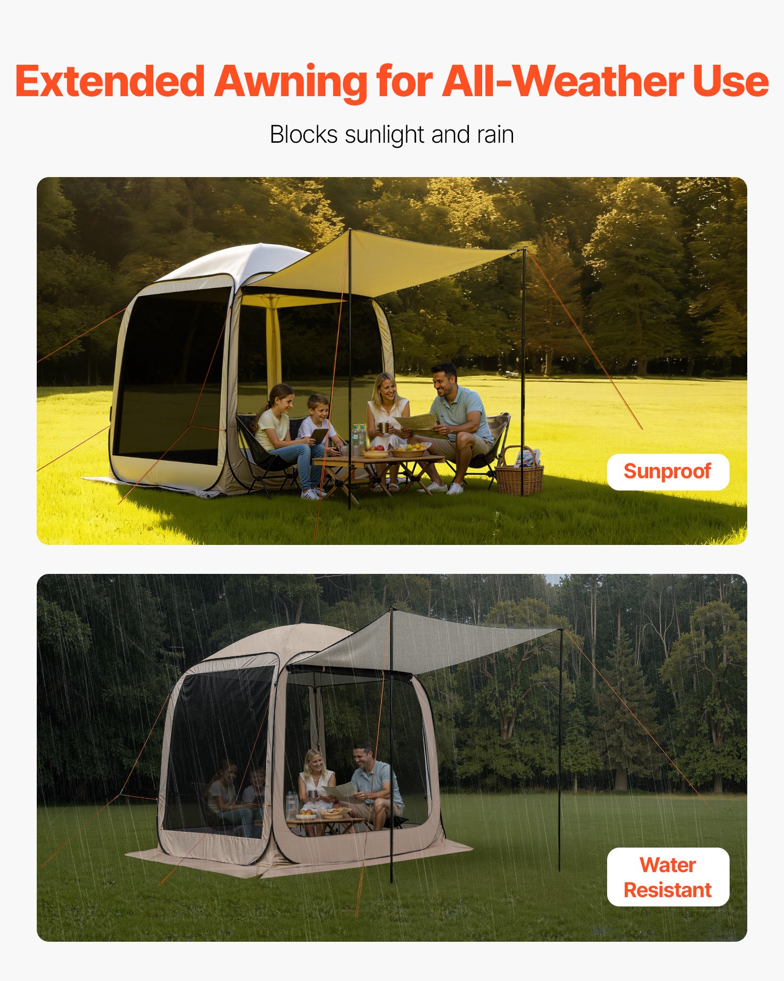 VEVOR Carpa Plegable con Mosquitera, 1825 x 1825 x 2200 mm, 4-6 Personas, Polígono 4 Lados, con Toldo Extensible, Bolsa de Transporte, Laterales de Malla, para Relajarse, Leer o Descansar, Beige