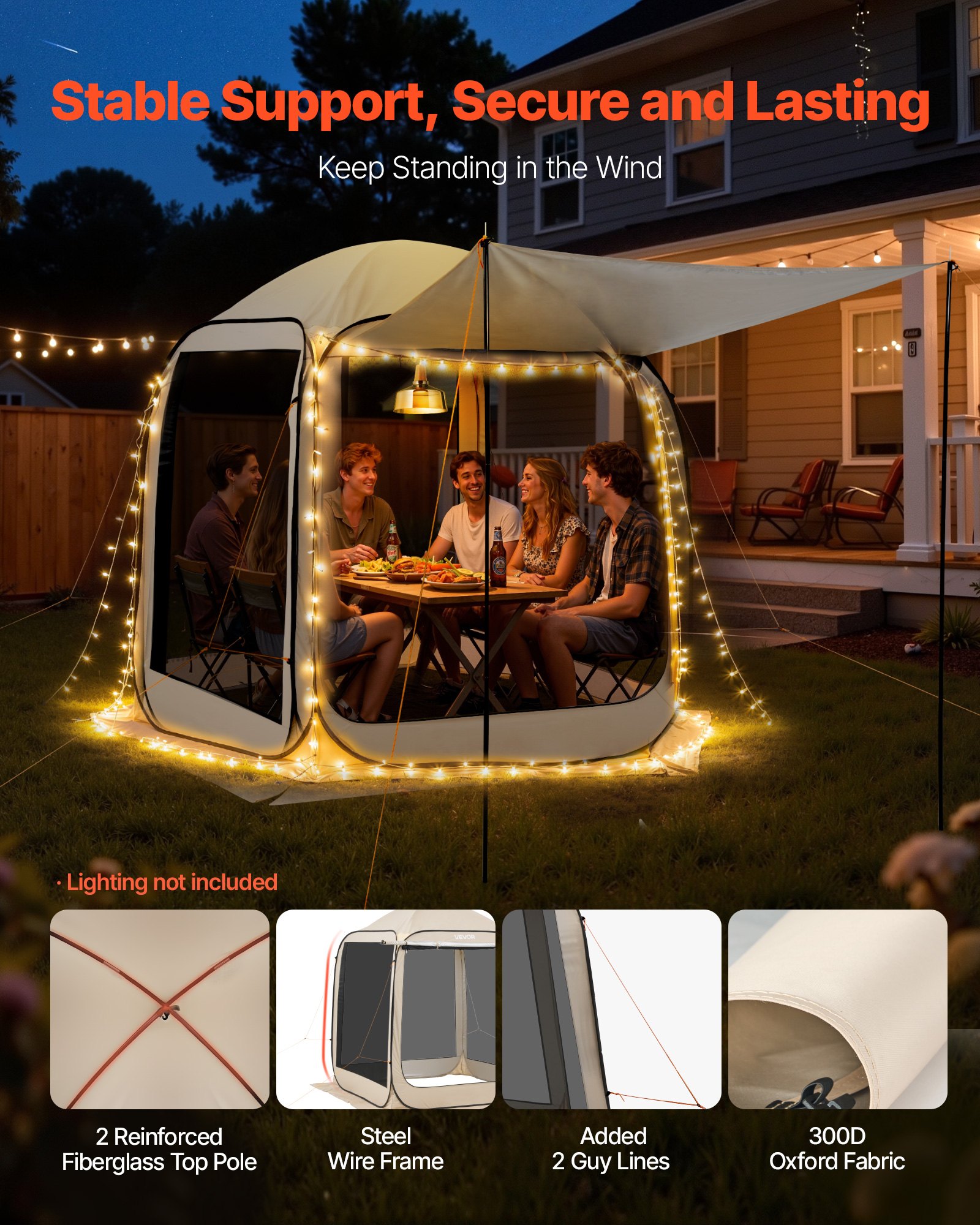 VEVOR Carpa Plegable con Mosquitera, 1825 x 1825 x 2200 mm, 4-6 Personas, Polígono 4 Lados, con Toldo Extensible, Bolsa de Transporte, Laterales de Malla, para Relajarse, Leer o Descansar, Beige