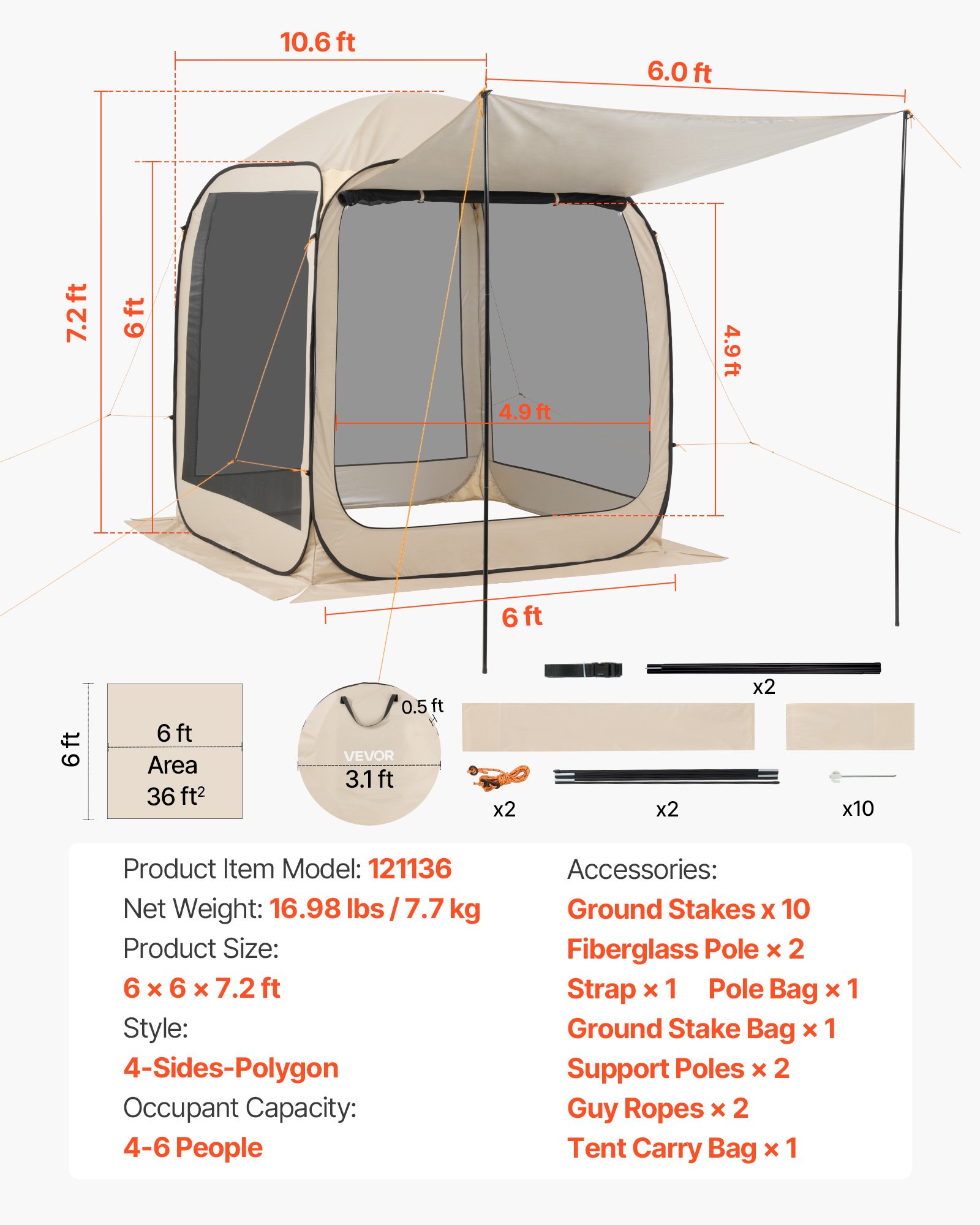 VEVOR Carpa Plegable con Mosquitera, 1825 x 1825 x 2200 mm, 4-6 Personas, Polígono 4 Lados, con Toldo Extensible, Bolsa de Transporte, Laterales de Malla, para Relajarse, Leer o Descansar, Beige
