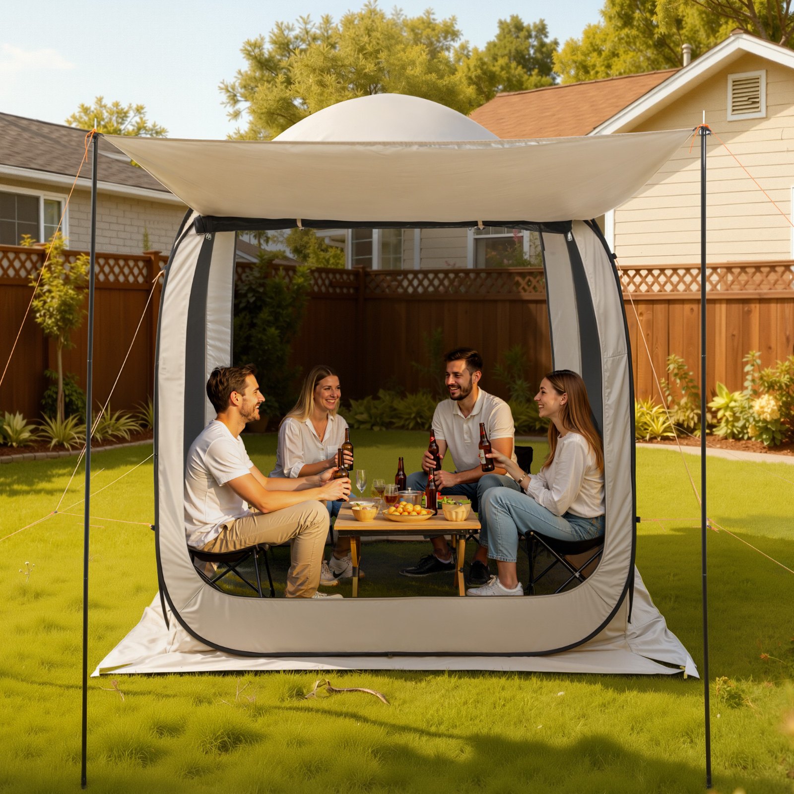 VEVOR Carpa Plegable con Mosquitera, 1825 x 1825 x 2200 mm, 4-6 Personas, Polígono 4 Lados, con Toldo Extensible, Bolsa de Transporte, Laterales de Malla, para Relajarse, Leer o Descansar, Beige