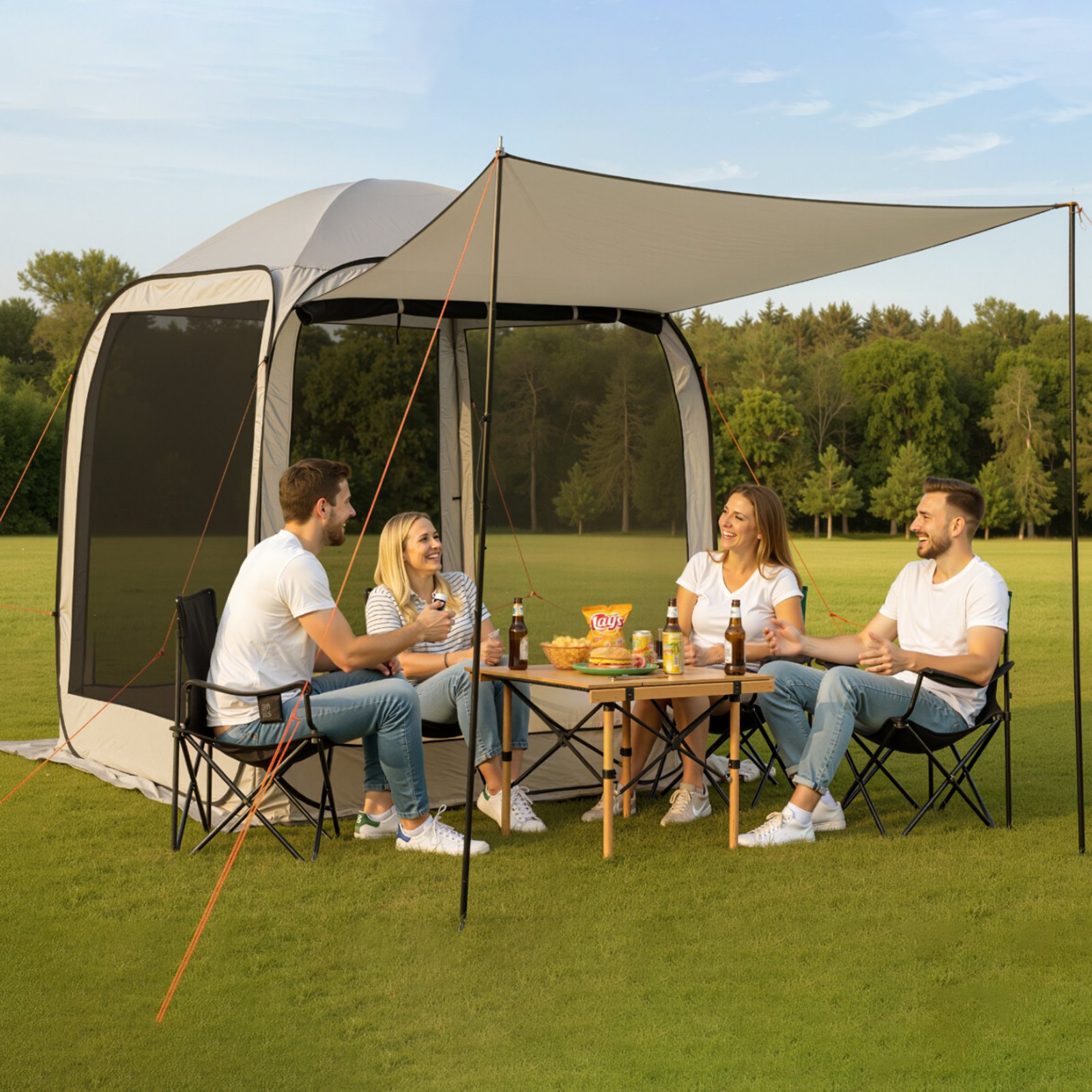 VEVOR Carpa Plegable con Mosquitera, 1825 x 1825 x 2200 mm, 4-6 Personas, Polígono 4 Lados, con Toldo Extensible, Bolsa de Transporte, Laterales de Malla, para Relajarse, Leer o Descansar, Beige