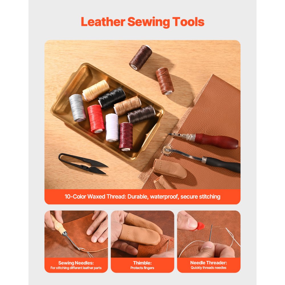 VEVOR 38-piece leather craft tool set with portable canvas storage bag, graphic tools, punching tools, sewing tools, cutting tools, ideal for beginners, DIY enthusiasts, and professionals.