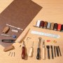 VEVOR 38-piece leather craft tool set with portable canvas storage bag, graphic tools, punching tools, sewing tools, cutting tools, ideal for beginners, DIY enthusiasts, and professionals.