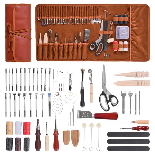 VEVOR 72 Piezas Kit de Herramientas para Trabajar el Cuero con Bolsa de Cuero Portátil, Herramientas de Corte para Estampación, Costura y Grabado, para Principiantes, Entusiastas del Bricolaje