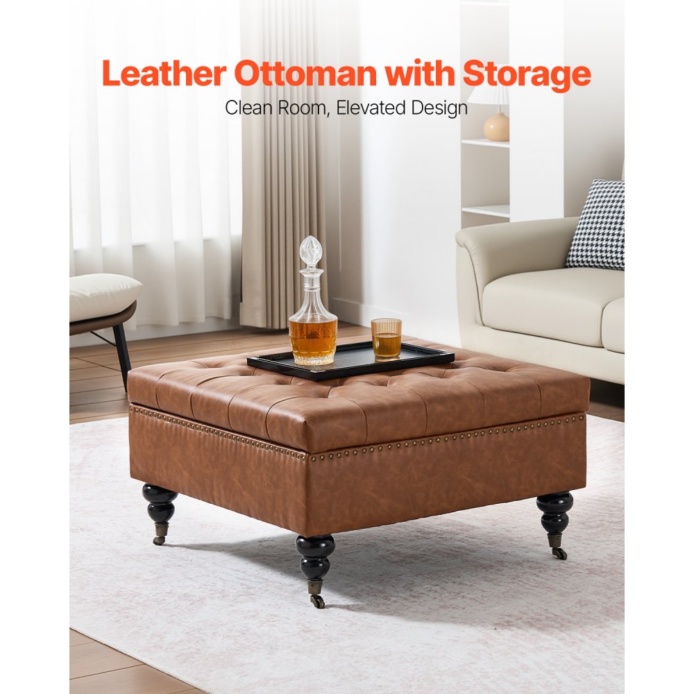 VEVOR 80 cm Square Leather Ottoman with Storage, Upholstered Tufted Button Coffee Table Ottoman with Castered Rolling Wheels, PU Leather High-Density Sponge for Living Room, Dorm, Bedroom, Brown