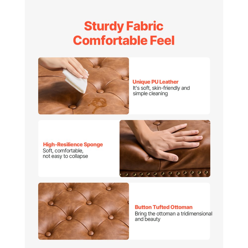 VEVOR 80 cm Square Leather Ottoman with Storage, Upholstered Tufted Button Coffee Table Ottoman with Castered Rolling Wheels, PU Leather High-Density Sponge for Living Room, Dorm, Bedroom, Brown