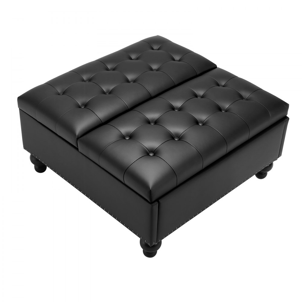 VEVOR 88 cm Square Leather Ottoman with Storage, Upholstered Tufted Button Coffee Table Ottoman with Lift-Top & Flip Design, PU Leather High-Density Sponge for Living Room, Bedroom, Dorm, Black