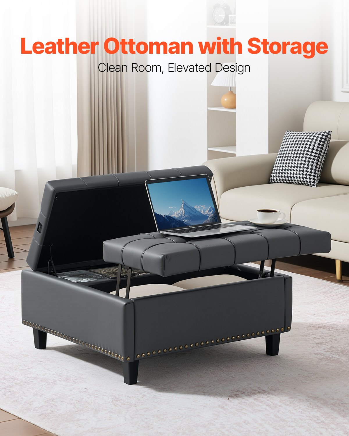 VEVOR 80 cm Square Leather Ottoman with Storage, Upholstered Tufted Button Coffee Table Ottoman with Lift-Top & Flip Design, PU Leather High-Density Sponge for Living Room, Bedroom, Dorm, Grey