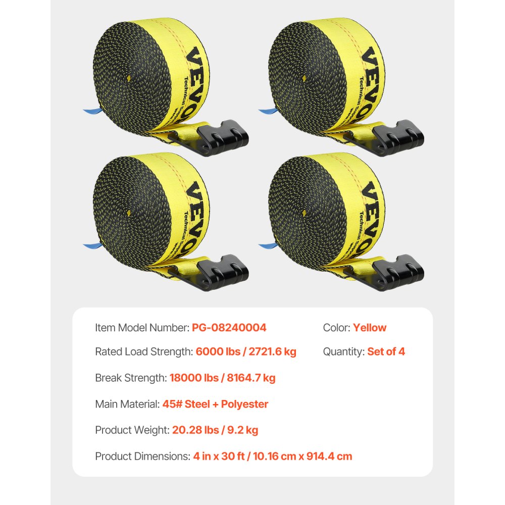 VEVOR Correa para cabrestante de 4" x 30 pies, 4 Piezas, carga de 2,7 T, resistencia a la rotura 8,2 T, correas para camión con gancho plano, control de carga para remolques, granjas, amarillo