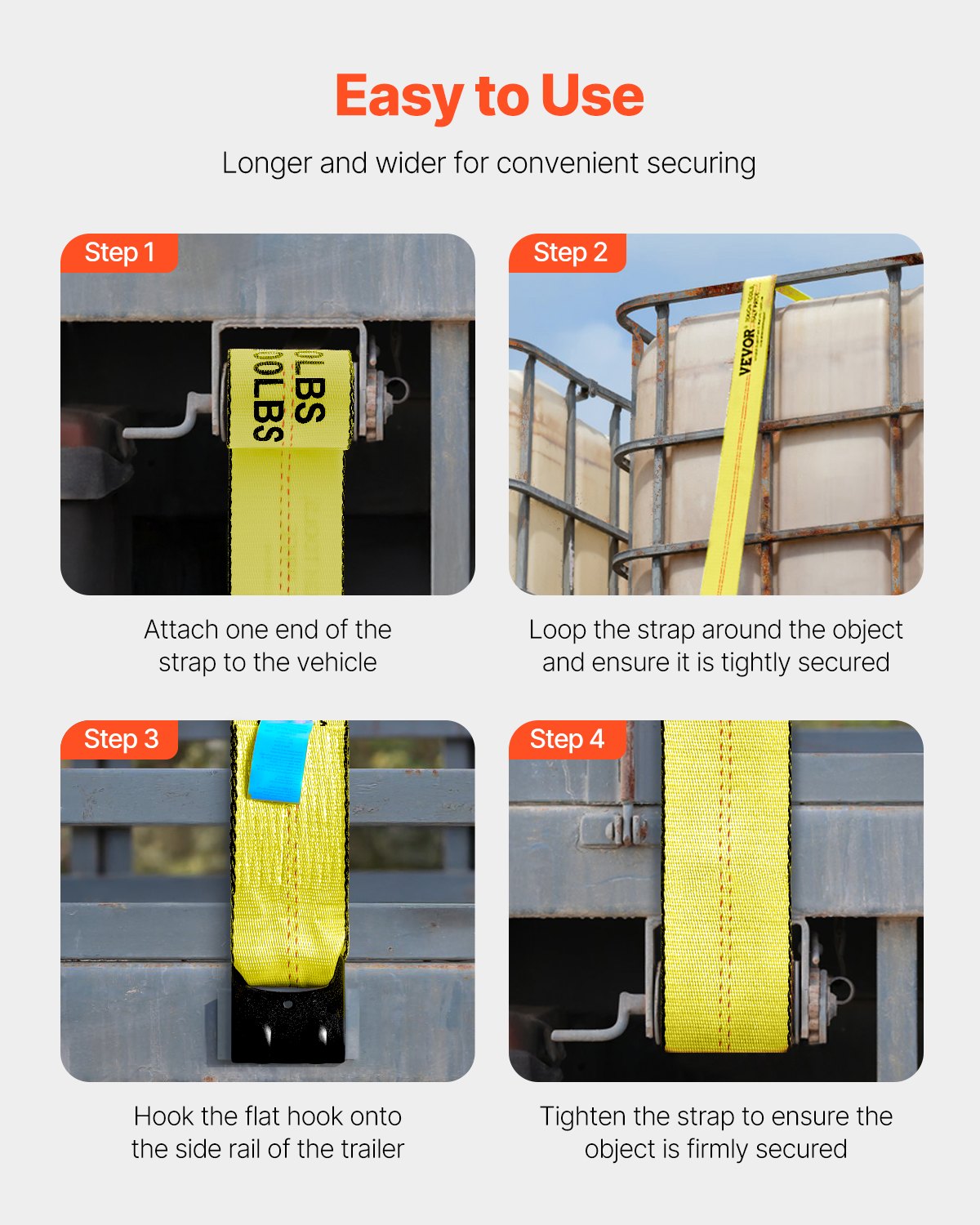 VEVOR Correa para cabrestante de 4" x 30 pies, 4 Piezas, carga de 2,7 T, resistencia a la rotura 8,2 T, correas para camión con gancho plano, control de carga para remolques, granjas, amarillo