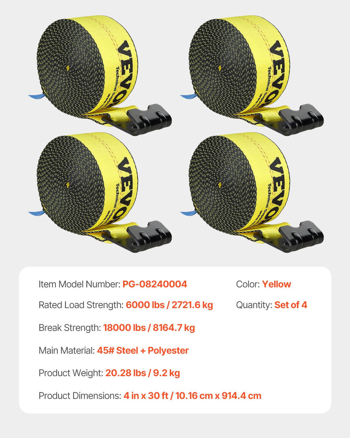 VEVOR Correa para cabrestante de 4" x 30 pies, 4 Piezas, carga de 2,7 T, resistencia a la rotura 8,2 T, correas para camión con gancho plano, control de carga para remolques, granjas, amarillo