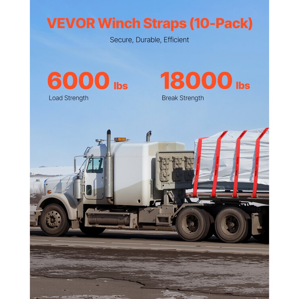 VEVOR Correa de cabrestante 4" x 30 pies 10 Piezas Capacidad de carga 2,7T Correas de camión de resistencia a la rotura 8,2 T con gancho plano, control de carga para remolques, granjas, rescates, rojo