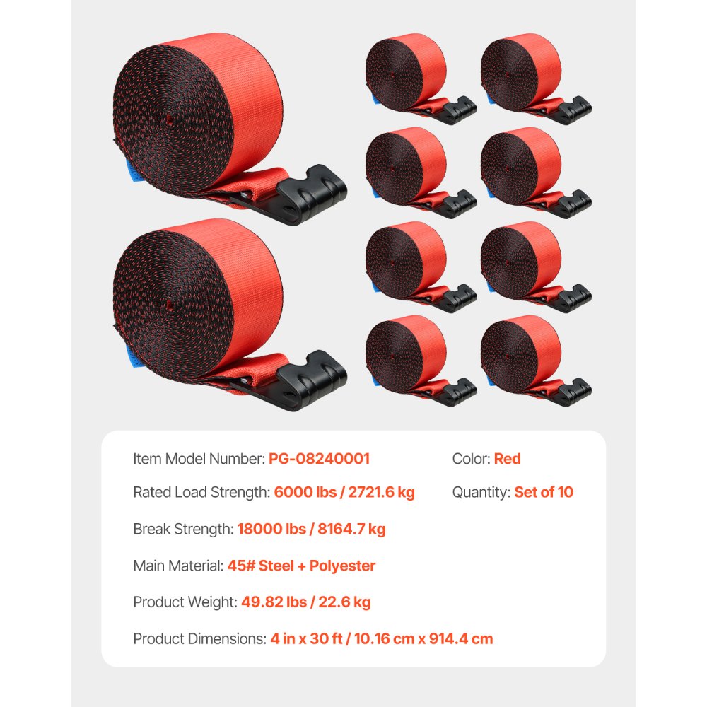 VEVOR Correa de cabrestante 4" x 30 pies 10 Piezas Capacidad de carga 2,7T Correas de camión de resistencia a la rotura 8,2 T con gancho plano, control de carga para remolques, granjas, rescates, rojo