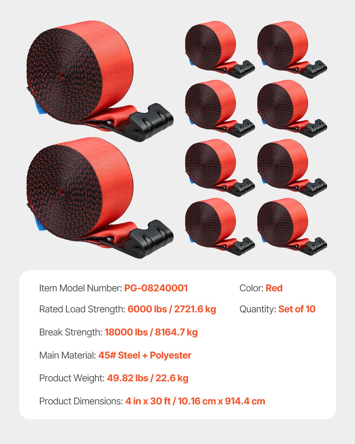 VEVOR Correa de cabrestante 4" x 30 pies 10 Piezas Capacidad de carga 2,7T Correas de camión de resistencia a la rotura 8,2 T con gancho plano, control de carga para remolques, granjas, rescates, rojo