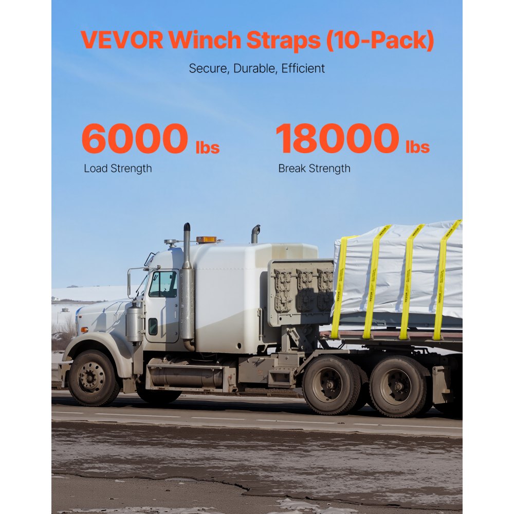 VEVOR Correa de cabrestante 4" x 40 pies 10 Piezas Carga 2,7 T Correas de camión de resistencia a la rotura 8,2 T con gancho plano, control de carga para remolques, granja, rescates, amarillo