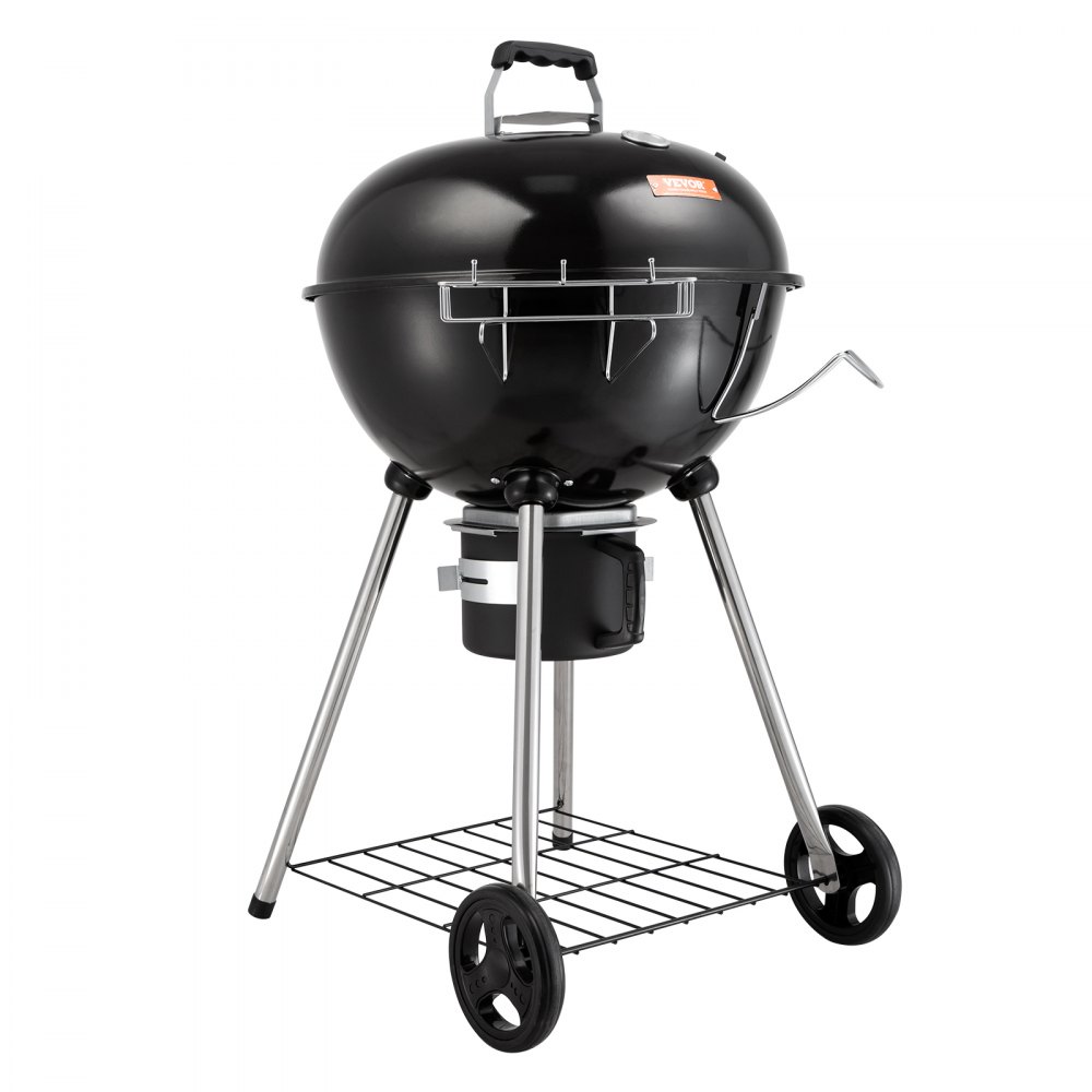 Parrilla de carbón VEVOR con tapa abovedada, patas resistentes, ruedas y rejilla de almacenamiento inferior.