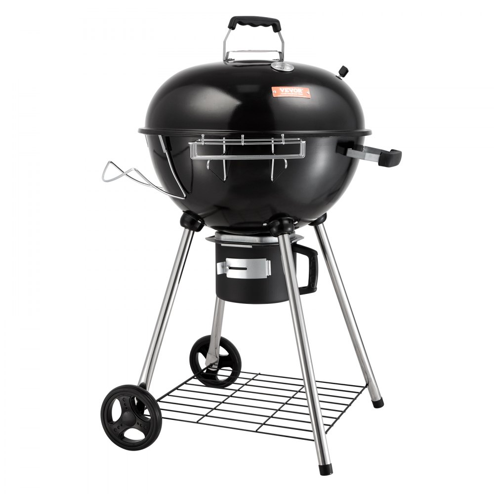 Parrilla de carbón VEVOR con ruedas, rejilla de almacenamiento y medidor de temperatura, diseño negro y plateado.
