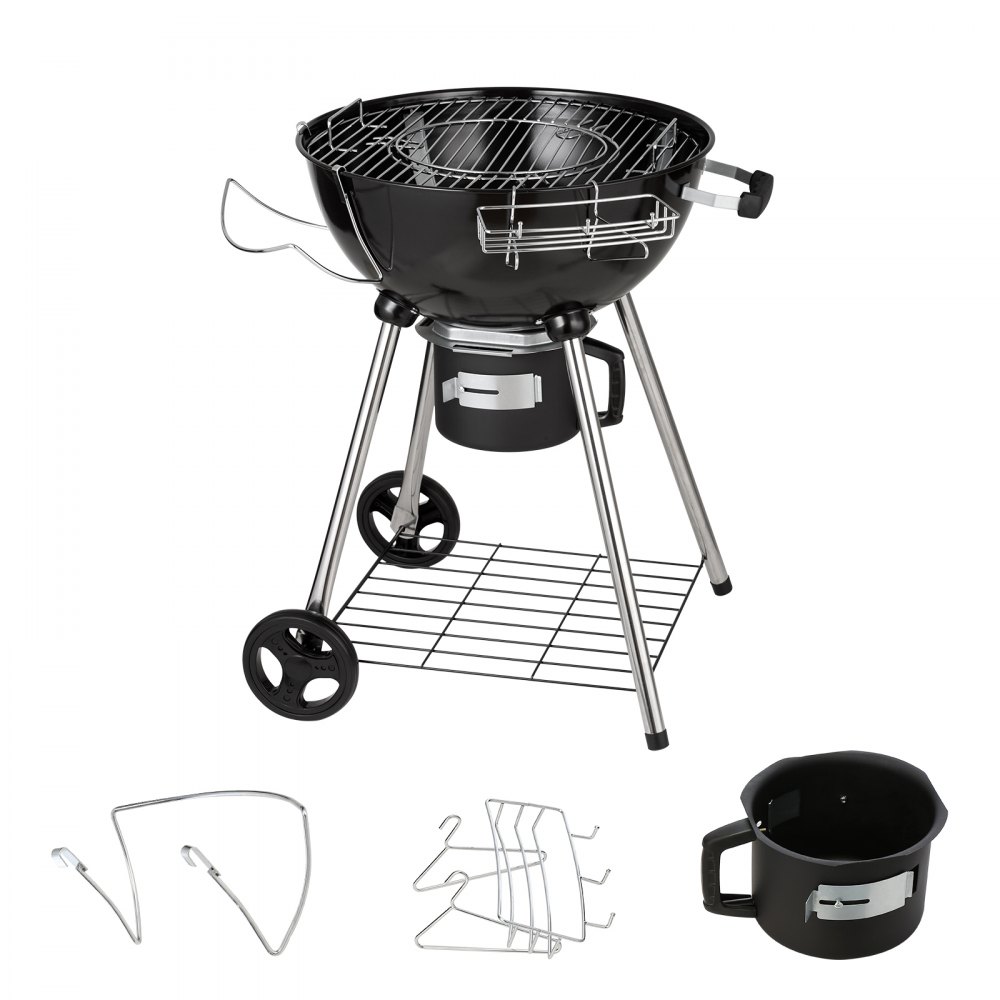 Parrilla de carbón VEVOR con rejilla de cocción redonda, patas resistentes, ruedas y accesorios adicionales.